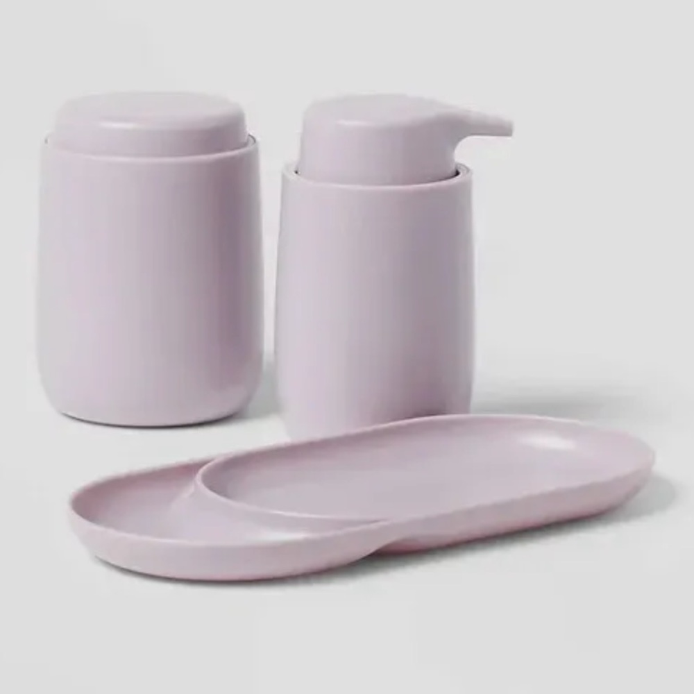 NWT Room Essentials~ 3pc Gray Bath Bundle Set: Soap Tray & Pump & Canister